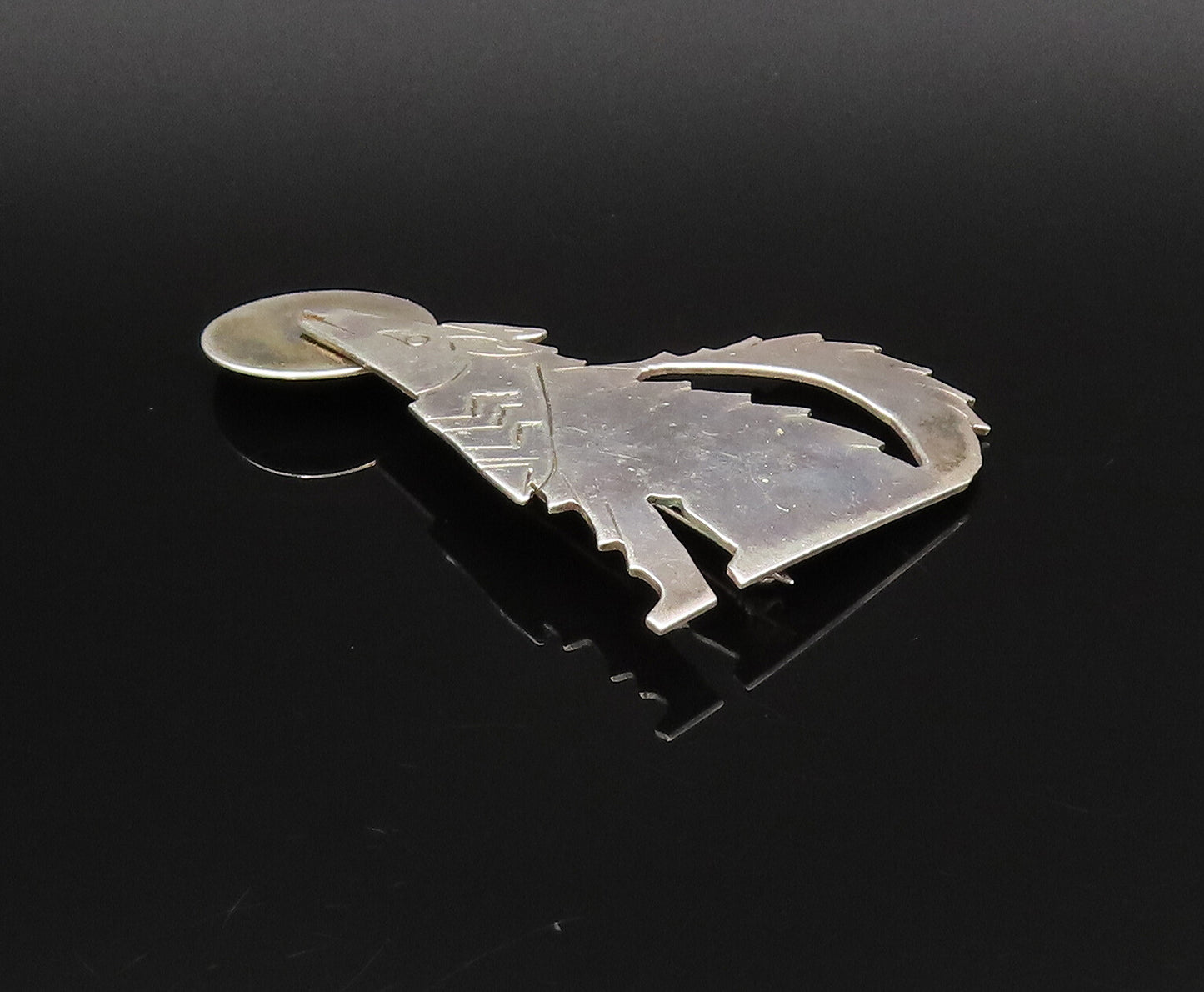SOUTHWESTERN 925 Silver Vintage Two Tone Wolf & Full Moon Brooch Pin BP9995