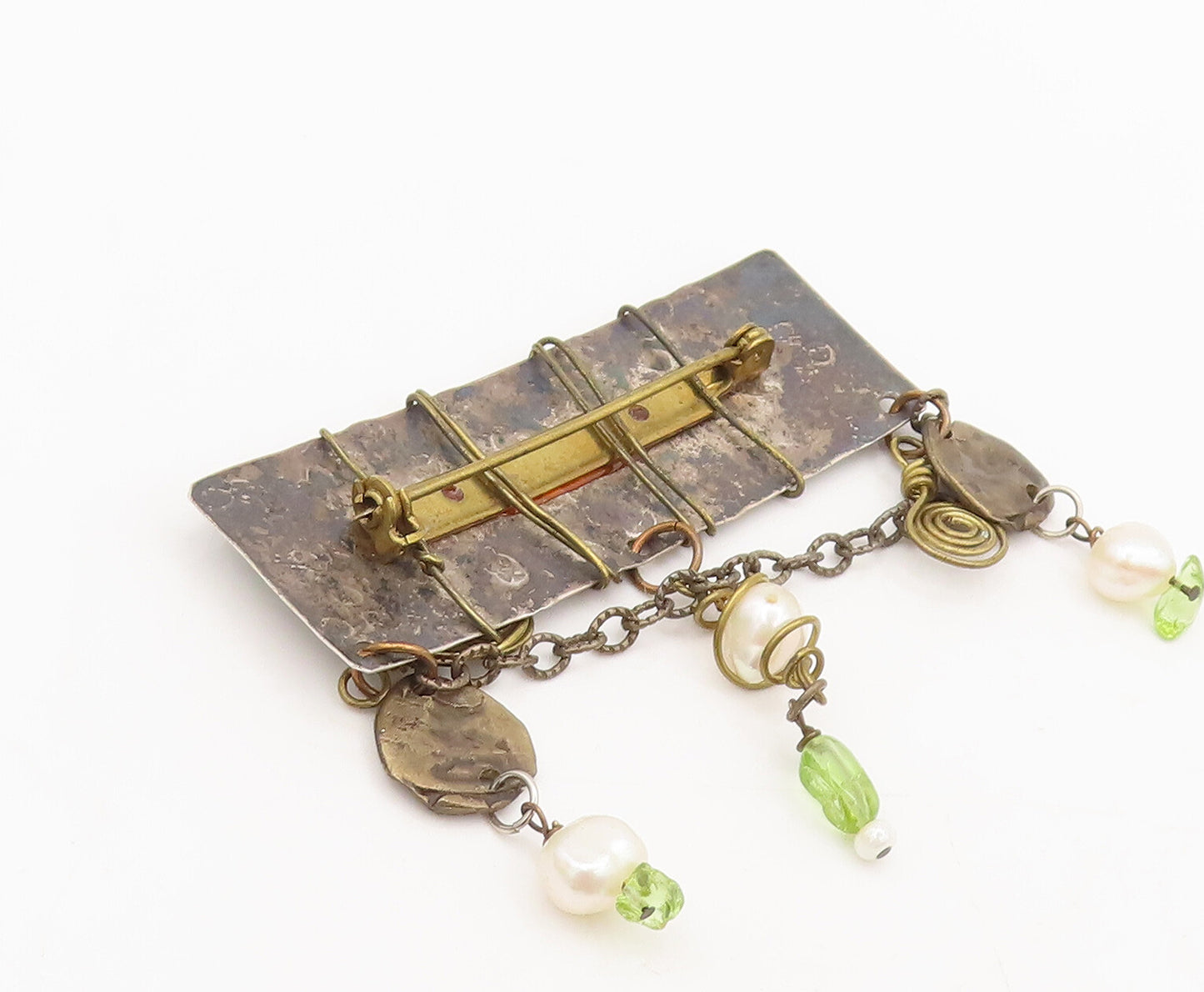 925 Sterling Silver Vintage Brooch Pin Handmake Dangling Pearls Peridot BP10584