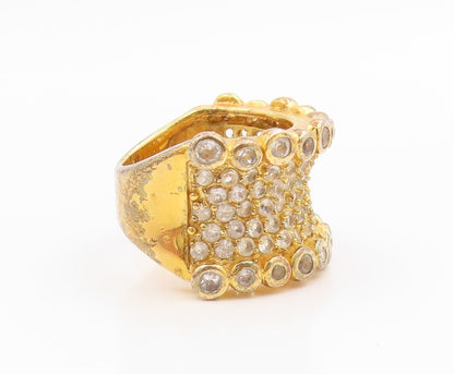 925 Sterling Silver Vintage Ring Gold Plated White Topaz Wide Band Sz 7 RG35691