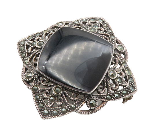 925 Sterling Silver  Vintage Black Onyx & Marcasite Floral Brooch Pin  BP5540