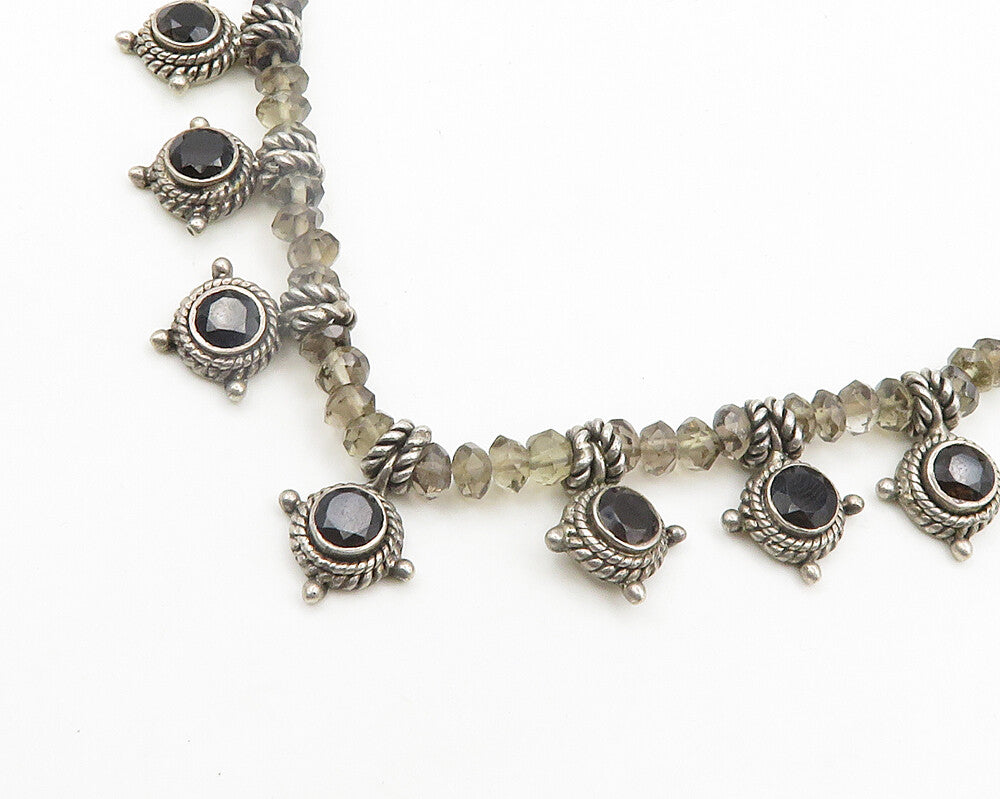 925 Silver  Vintage Black Hematite & Smoky Topaz Bead Chain Necklace  NE3101