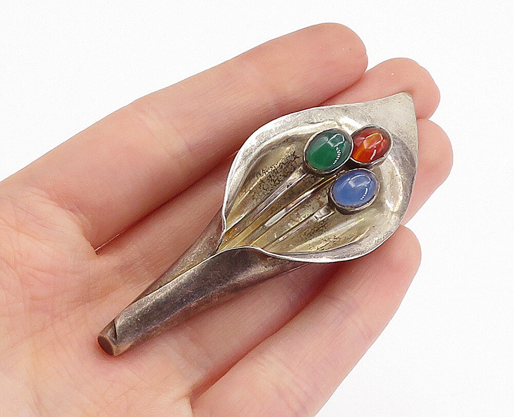 MEXICO 925 Sterling Silver  Vintage Topaz Sculpted Flower Brooch Pin  BP1554