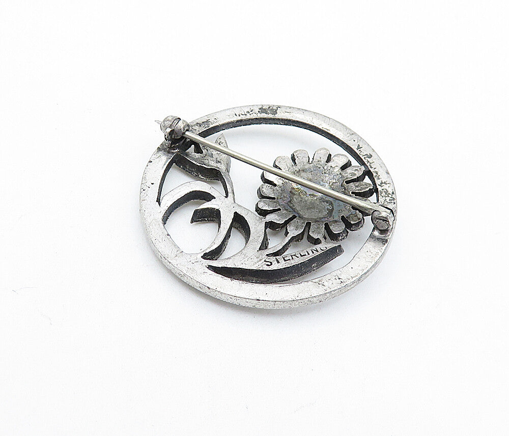 925 Sterling Silver  Vintage Sparkling Blooming Flowers Brooch Pin  BP2235