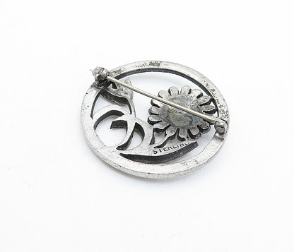 925 Sterling Silver  Vintage Sparkling Blooming Flowers Brooch Pin  BP2235