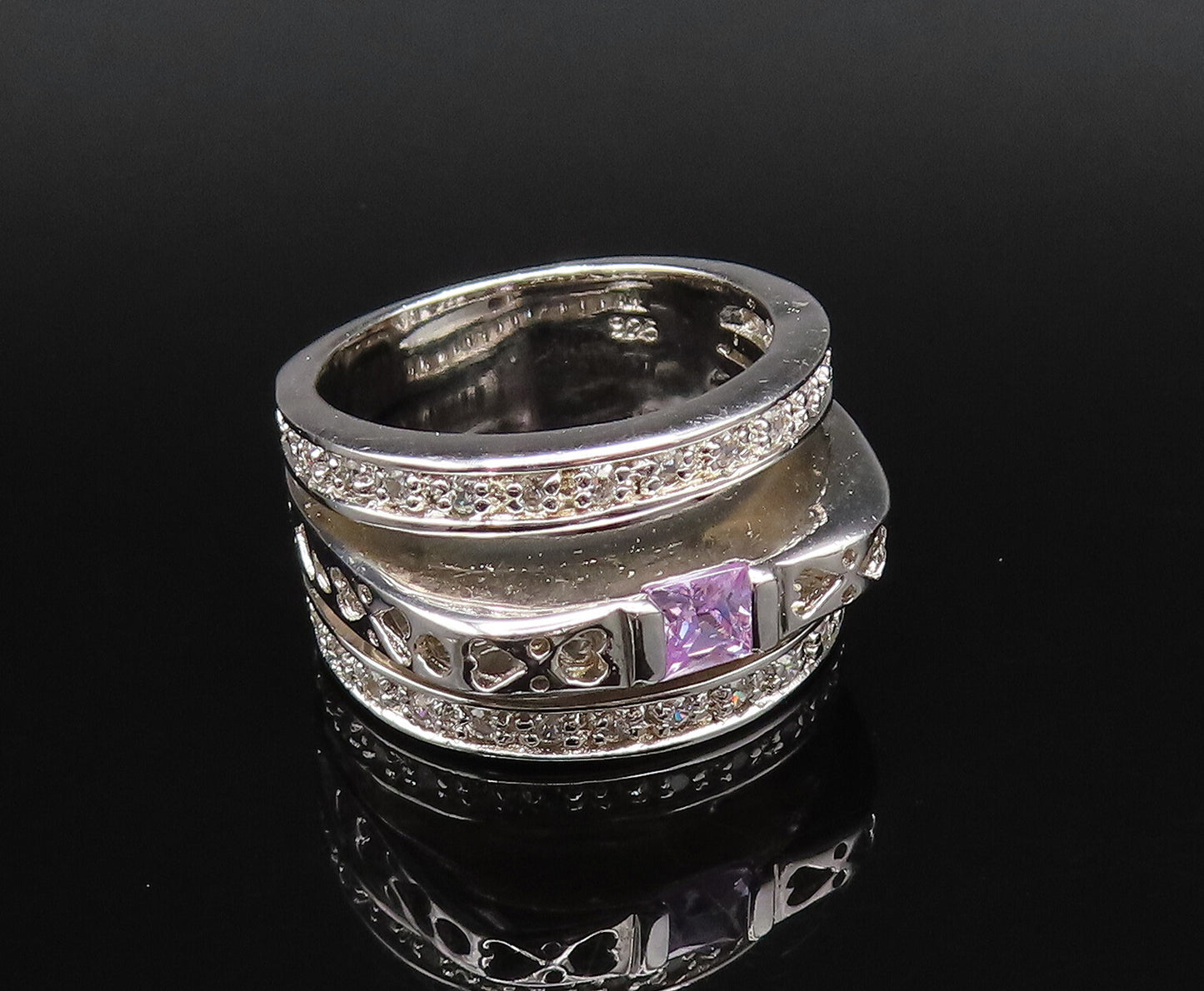 925 Silver  Vintage Purple & White Cubic Zirconia Open Band Ring Sz 7  RG25995