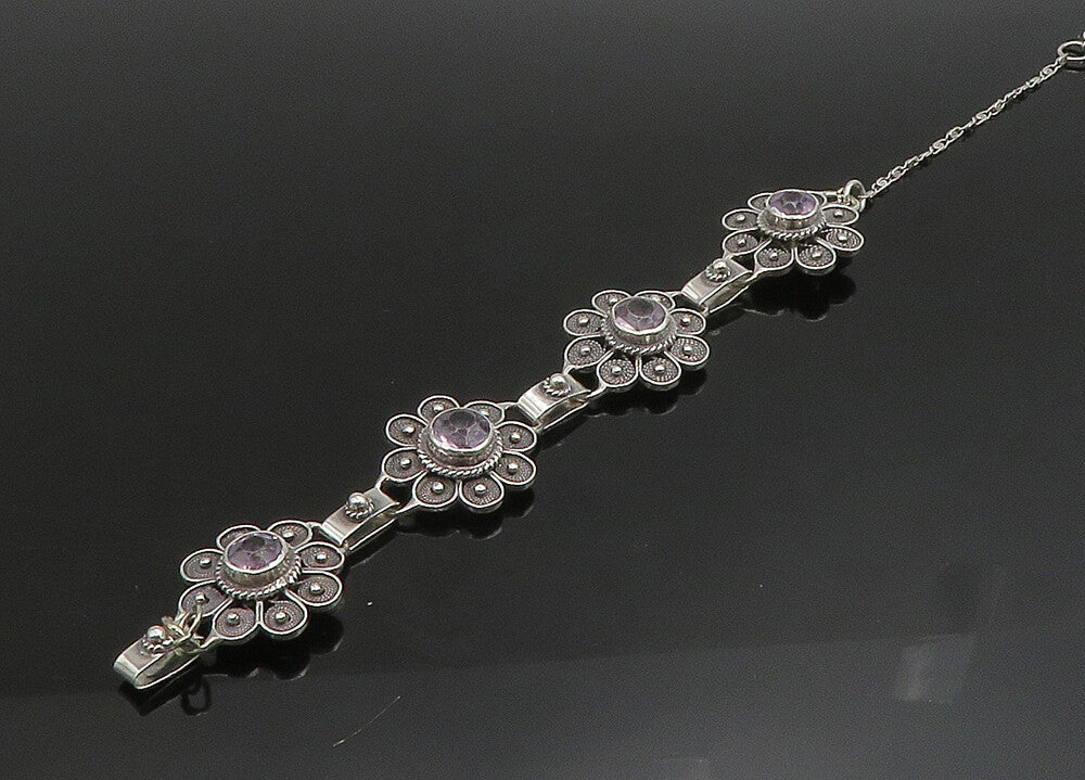 925 Sterling Silver  Vintage Amethyst Flower Motif Chain Bracelet  BT9080