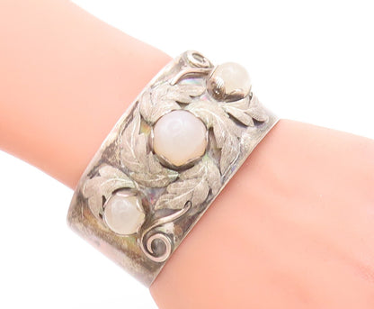925 Sterling Silver Vintage Bracelet Cabochon Gemstone Floral Cuff  BT10701