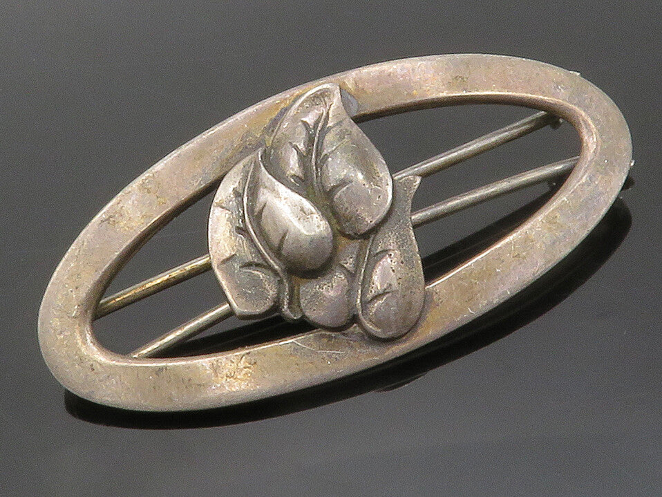 VIKING CRAFT 925 Silver  Vintage Dark Tone Floral Leaves Brooch Pin  BP5084
