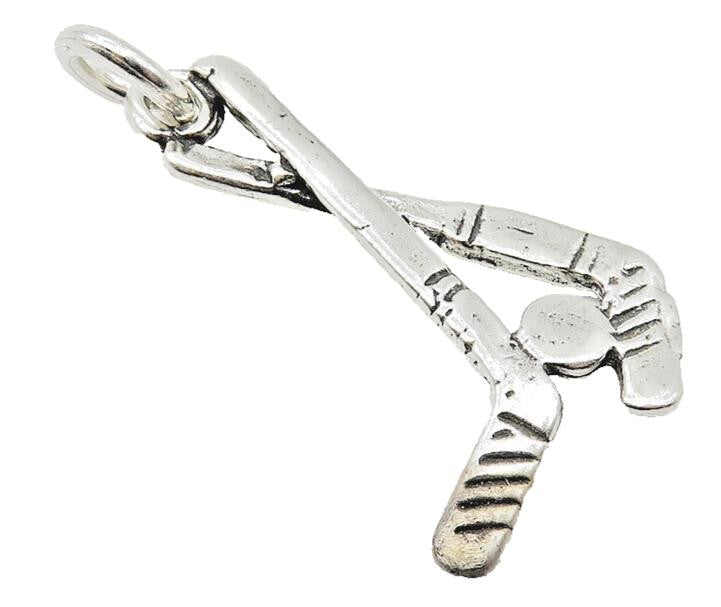 925 Sterling Silver  Vintage Petite Shiny Hockey Sticks & Puck Pendant  PT8448
