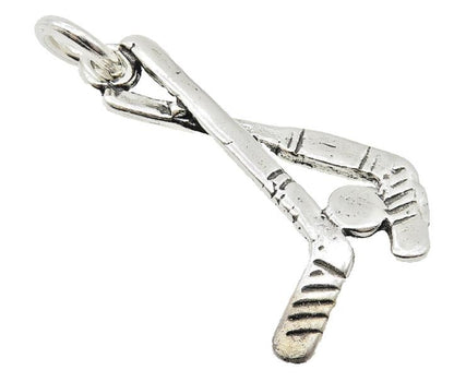 925 Sterling Silver  Vintage Petite Shiny Hockey Sticks & Puck Pendant  PT8448