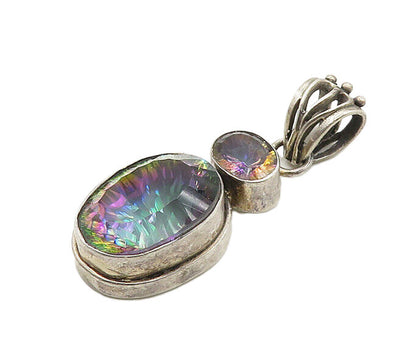 925 Sterling Silver Vintage Faceted Mystic Topaz Two Stone Pendant PT15585