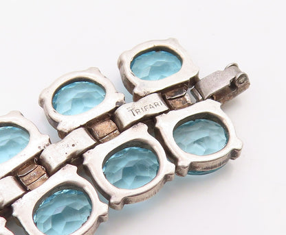 925 Sterling Silver Vintage Bracelet TRIFARI Blue Topaz & Sapphire Link  BT12112