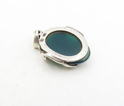 925 Sterling Silver  Vintage Faceted Green Agate Dolphins Drop Pendant  PT6598