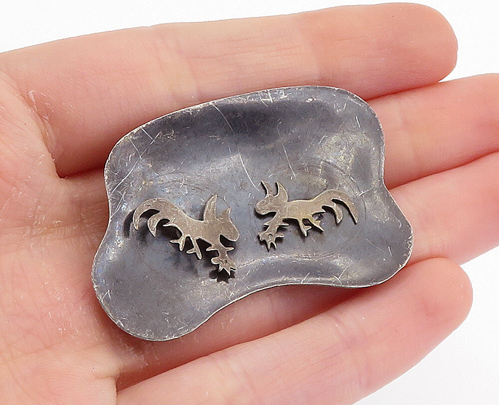 MEXICO 925 Silver  Vintage Antique Oxidized Fighting Cocks Brooch Pin  BP2795