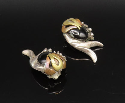 925 Sterling Silver Vintage Two Tone Modernist Onyx Clip Back Earrings EG12225