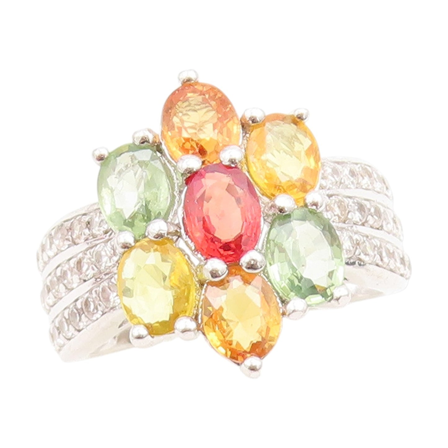925 Sterling Silver Vintage Ring Multi Gemstone Floral Petal Band  Sz 6  RG33849
