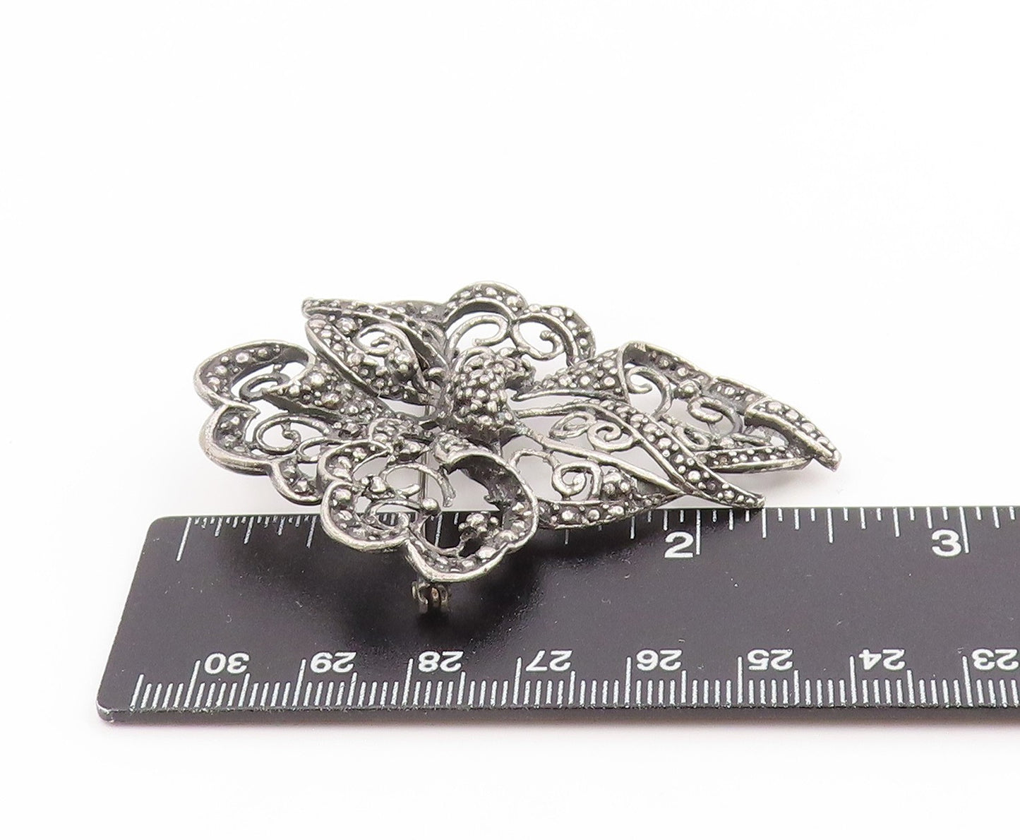 925 Sterling Silver Vintage Brooch Intricate Openwork Floral Design Pin  BP1002