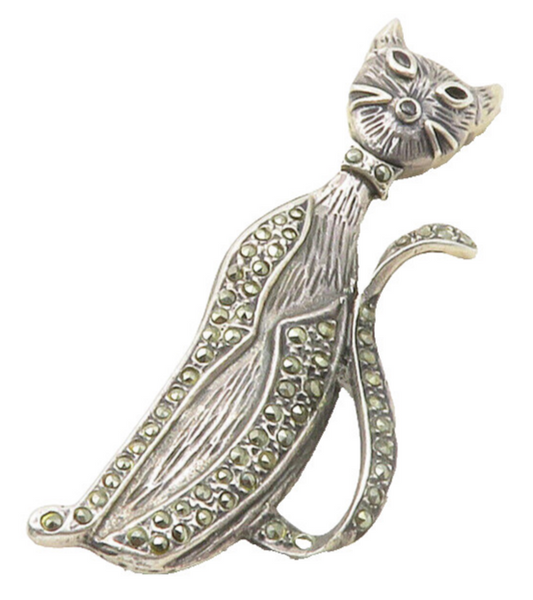 925 Sterling Silver  Vintage Marcasite Sitting Cat Animal Brooch Pin  BP4612