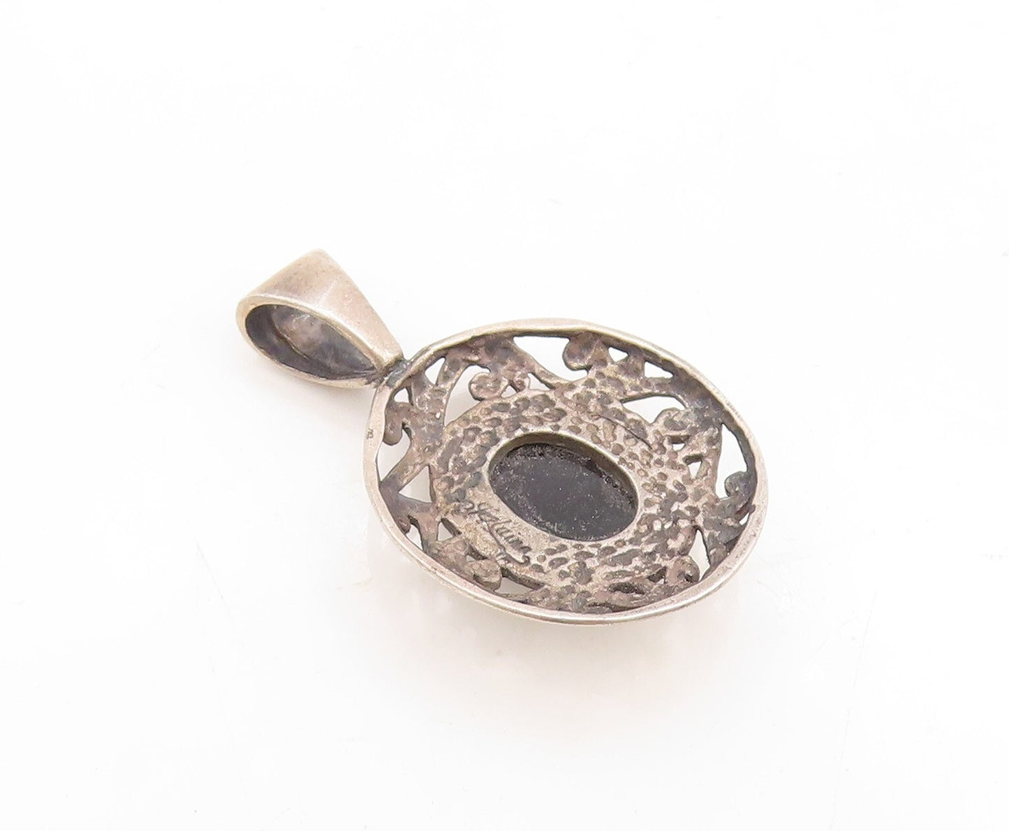 925 Sterling Silver Vintage Pendant JEZLAINE Swirly Carved Cabochon Onyx PT23837