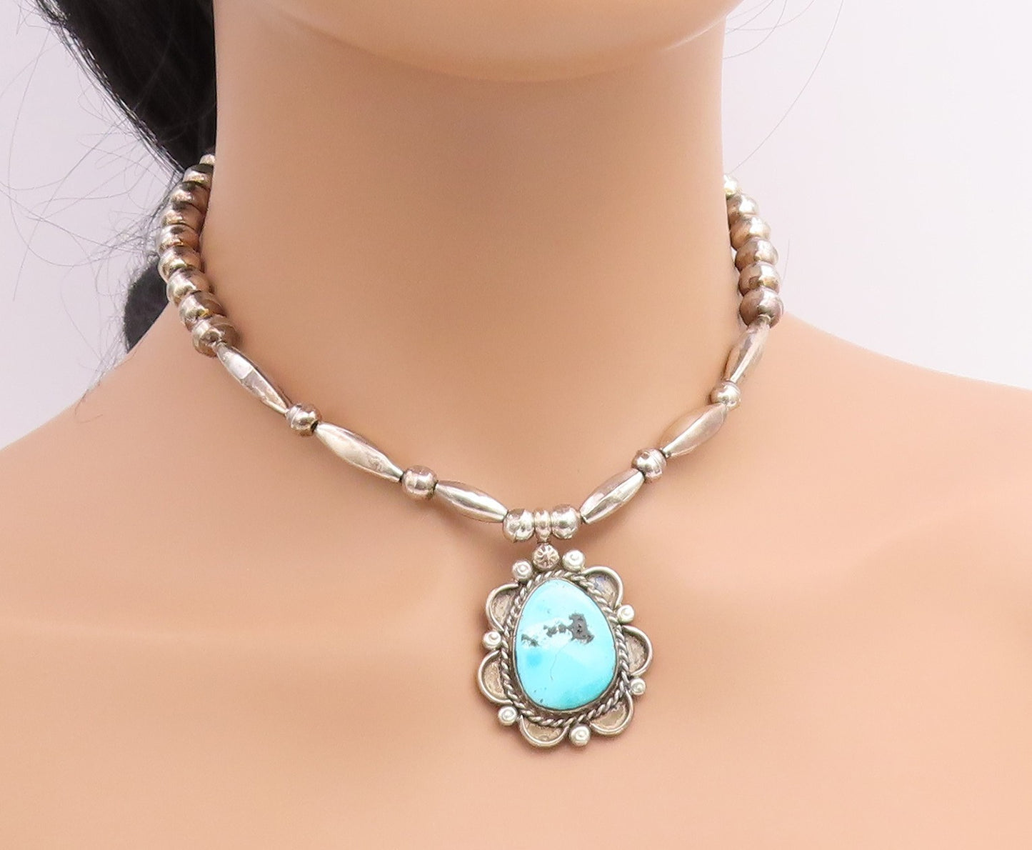 925 Sterling Silver Vintage Necklace NAVAJO Turquoise Statement Chain  NE4914