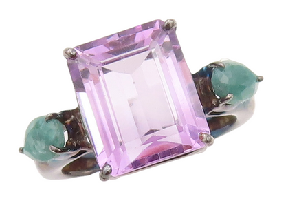 925 Sterling Silver Vintage Ring Amethyst & Drop Cut Green Gemstone Sz 8 RG30224