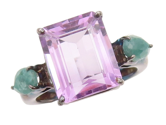 925 Sterling Silver Vintage Ring Amethyst & Drop Cut Green Gemstone Sz 8 RG30224