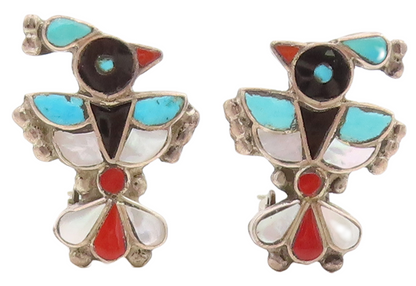 925 Sterling Silver Vintage Earrings ZUNI NAVAJO Gemstone Inlay Bird  EG13241