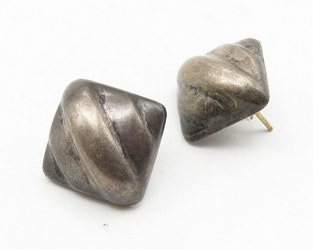 925 Sterling Silver  Vintage Oxidized Hollow Square Dome Stud Earrings  EG5797
