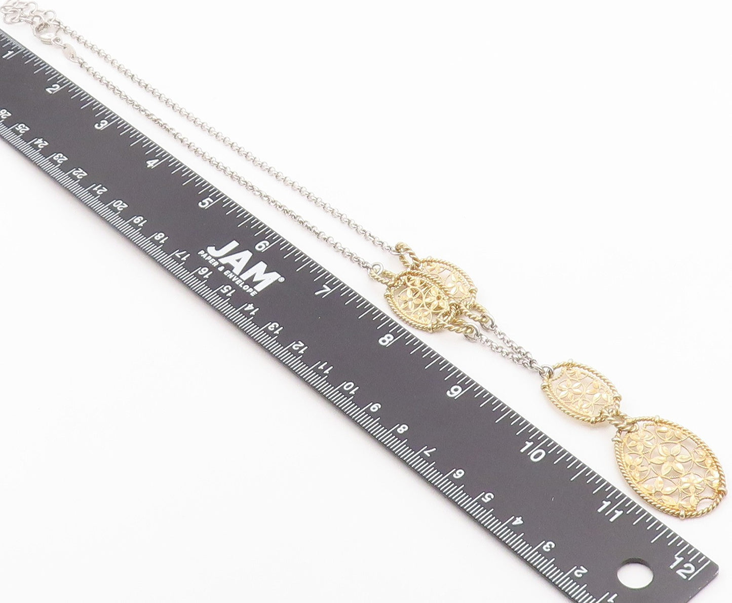 925 Sterling Silver Vintage Necklace Two Tone Floral Filigree Y Drop  NE4940