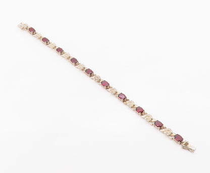925 Sterling Silver Vintage Bracelet Elegant Garnet Carved Rose Link  BT12123