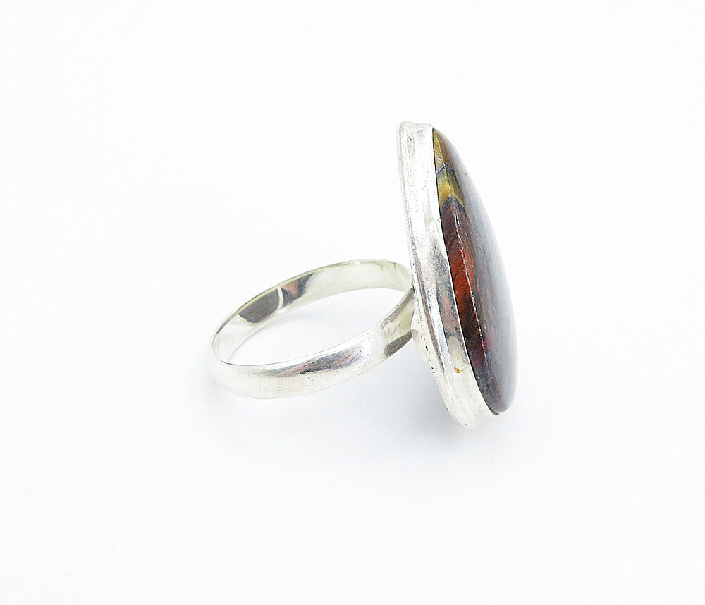 925 Sterling Silver  Pear Shape Agate Shiny Smooth Cocktail Ring Sz 8  RG8022