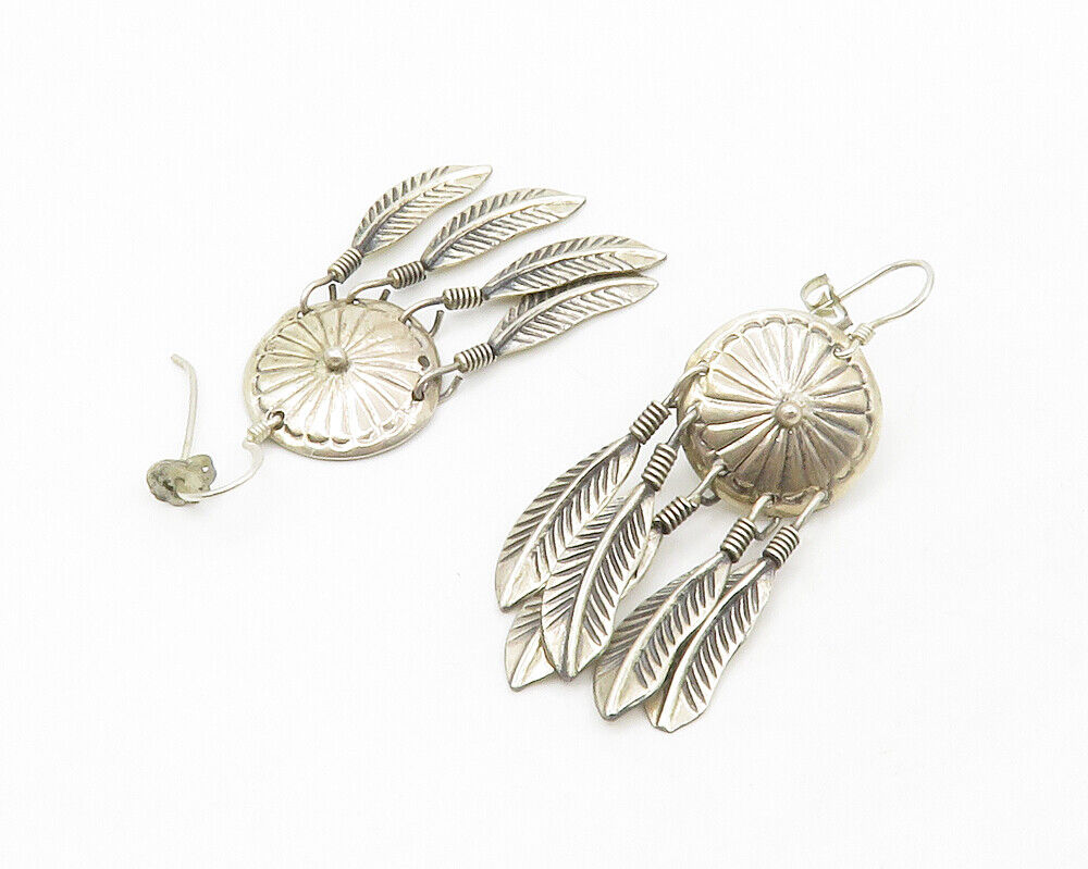 SOUTHWESTERN 925 Silver  Vintage Floral Feathers Motif Dangle Earrings  EG7108