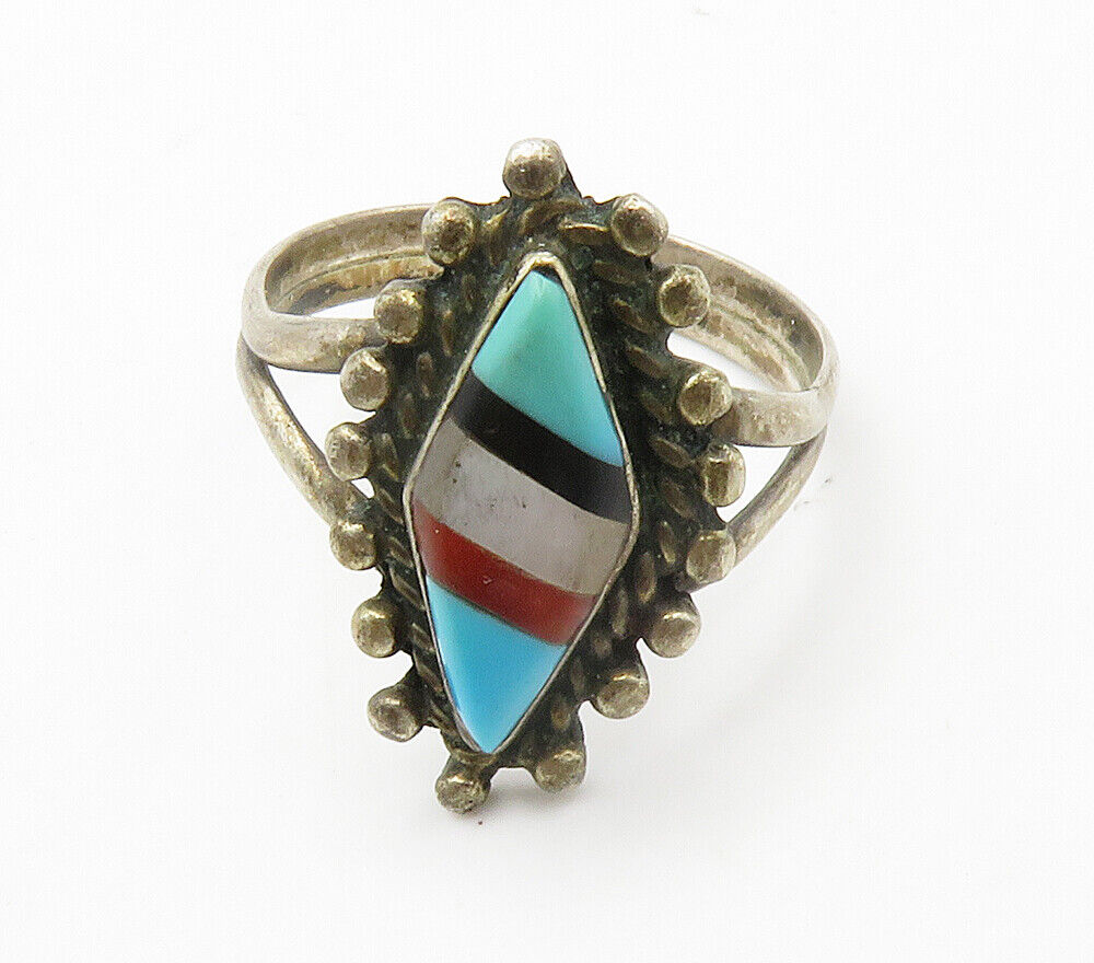 ZUNI 925 Silver  Vintage Turquoise & MultiStone Cocktail Ring Sz 6.5  RG15274