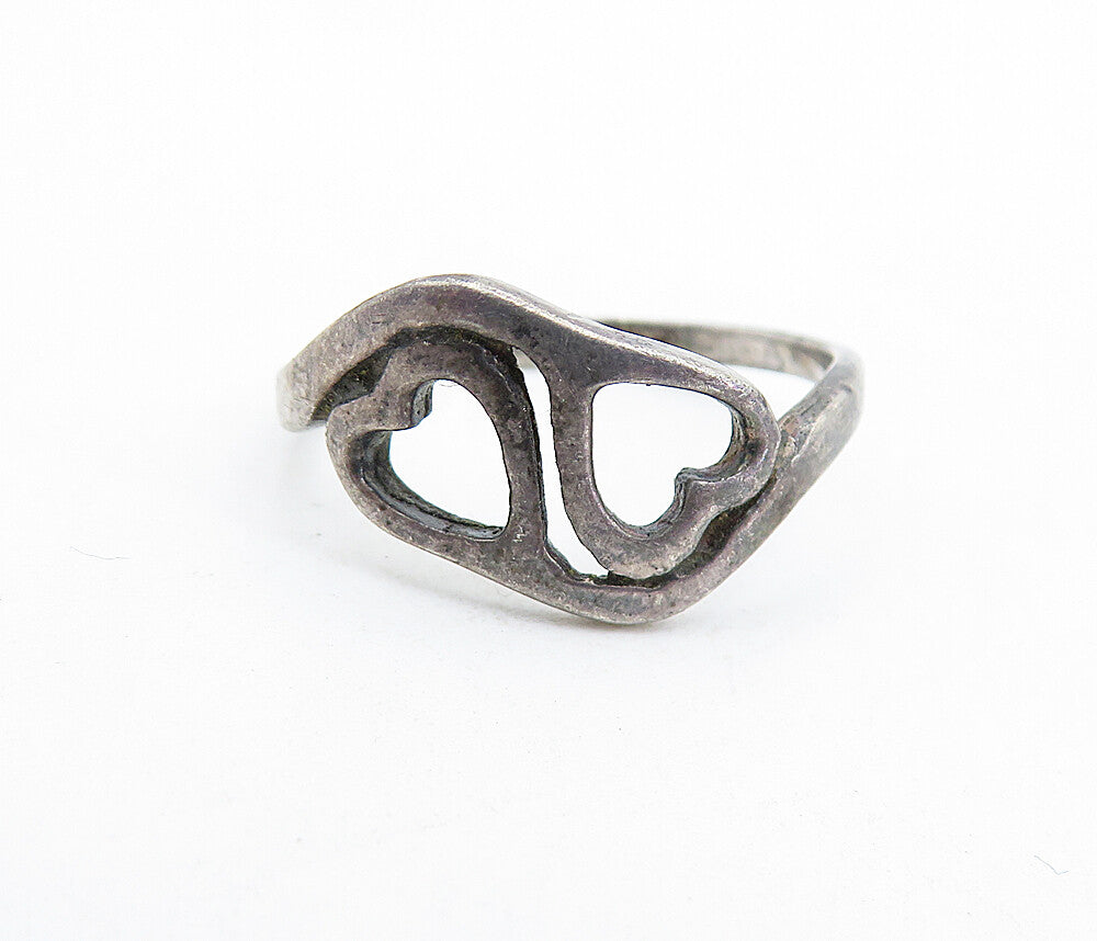 925 Sterling Silver  Vintage Dark Tone Love Heart Bypass Ring Sz 6  RG5881