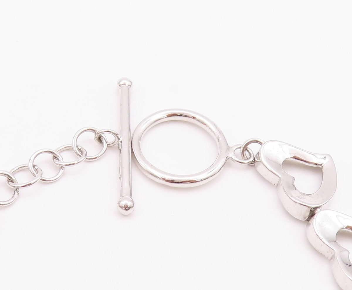 925 Sterling Silver Vintage Bracelet Linked Cutout Hearts Toggle Lock  BT11273