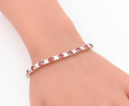 925 Sterling Silver  Vintage Prong Set Red Topaz Shiny Chain Bracelet  BT8316