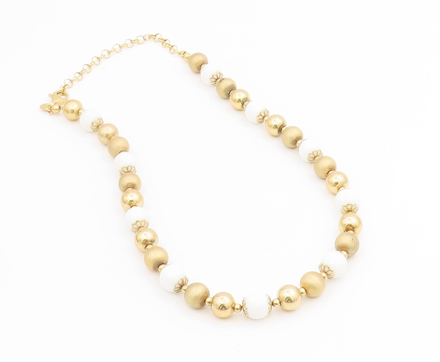 925 Sterling Silver Vintage Necklace Gold Plated White Onyx Beaded Chain  NE4731