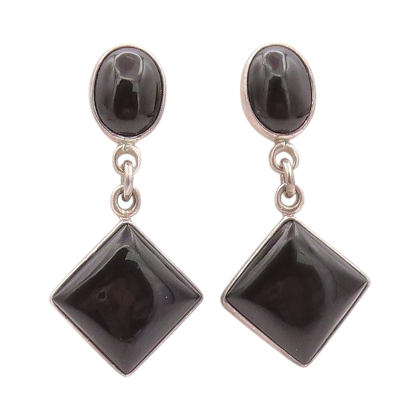 925 Sterling Silver Vintage Earrings MEXICO Oval & Square Dangling Onyx  EG13619