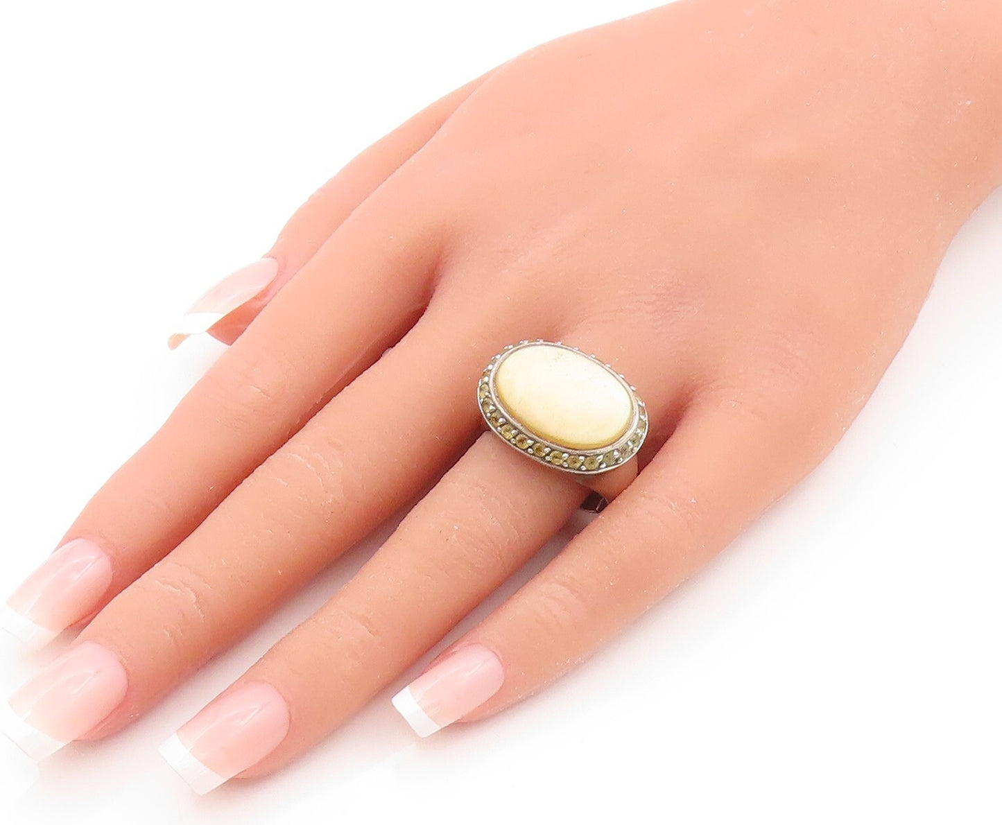 925 Sterling Silver Vintage Ring Oval Gemstone Halo Citrine Frame Sz 10  RG31822