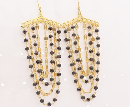 925 Sterling Silver Vintage Earrings Gold Plated Dangling Beaded Onyx  EG13161