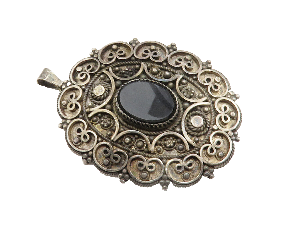 ISRAEL 925 Silver  Vintage Black Onyx Floral Swirl Pattern Brooch Pin  BP4547