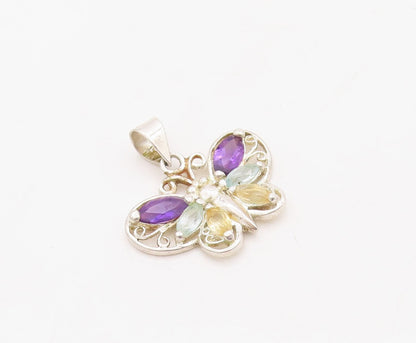 925 Sterling Silver Vintage Pendant Amethyst Topaz Citrine Butterfly   PT23651