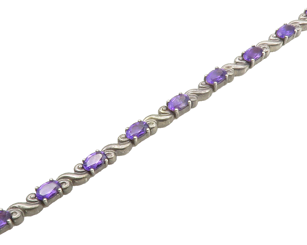 925 Sterling Silver  Vintage Amethyst & Dark Tone Swirl Chain Bracelet  BT6725