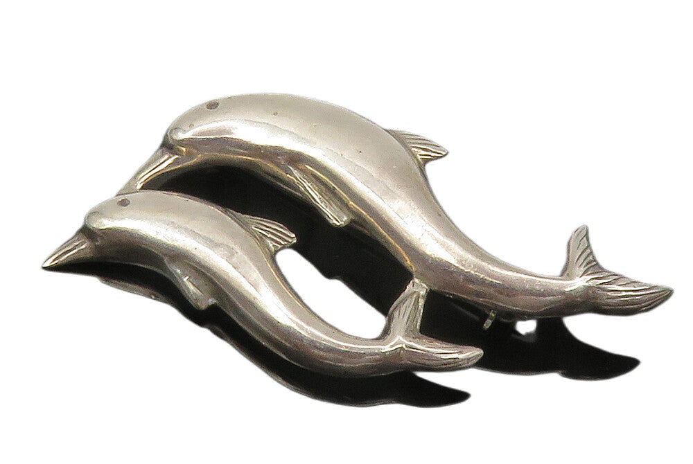 925 Sterling Silver  Vintage Shiny Mom & Baby Dolphin Motif Brooch Pin  BP5381