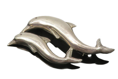 925 Sterling Silver  Vintage Shiny Mom & Baby Dolphin Motif Brooch Pin  BP5381