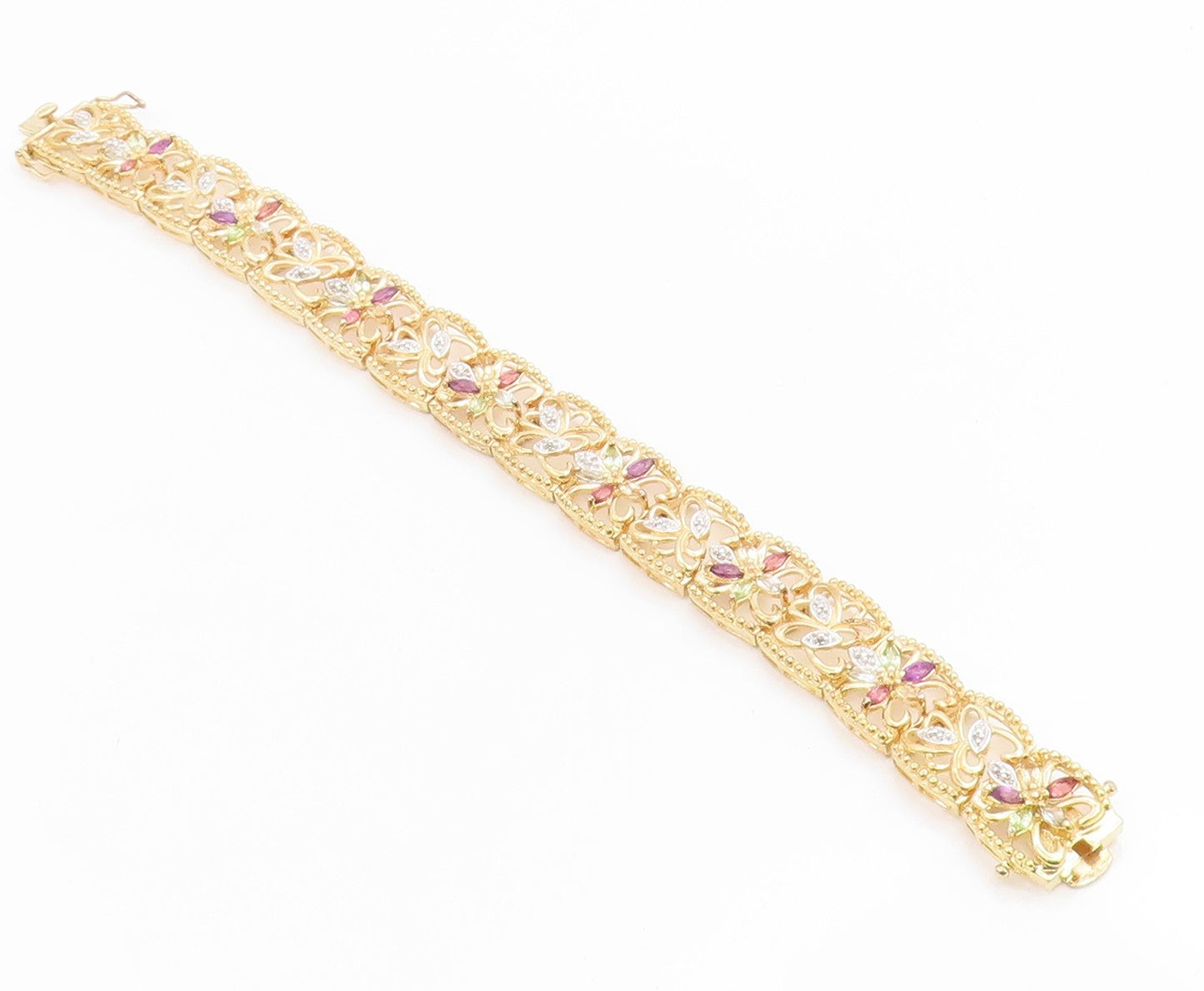 925 Sterling Silver Vintage Bracelet Gold Plated Gemstone Floral Link  BT12076
