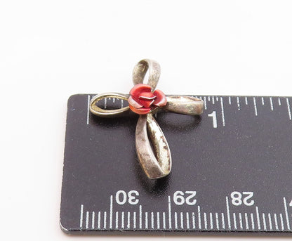 925 Sterling Silver  Vintage Rose Flower Religious Cross Pendant  PT15808