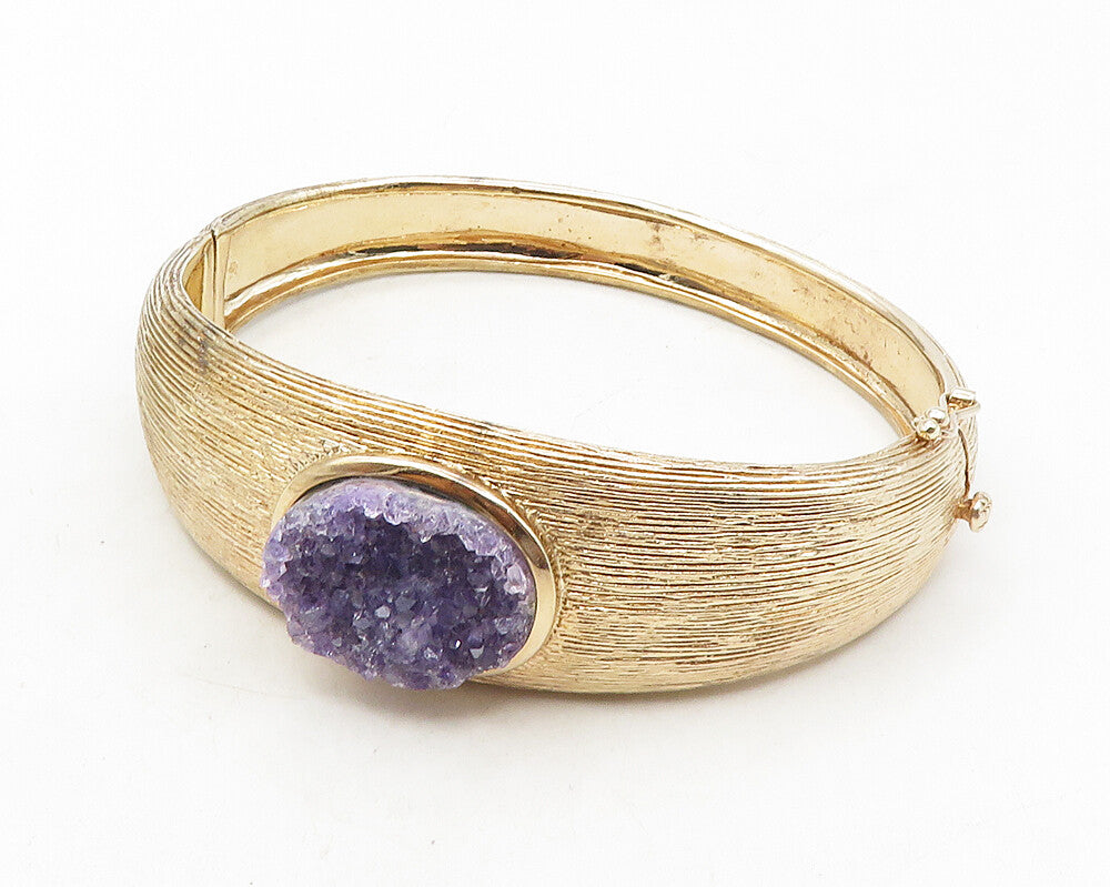 925 Sterling Silver  Vintage Amethyst Textured Hinge Bangle Bracelet  BT4331