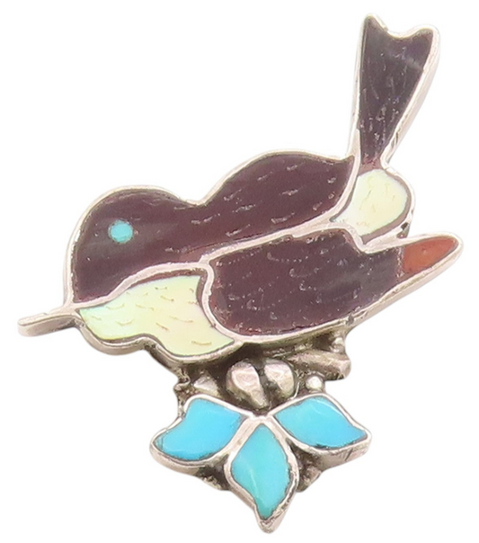 925 Sterling Silver Vintage Brooch NAVAJO ZUNI Turquoise Enameled Bird  BP11821