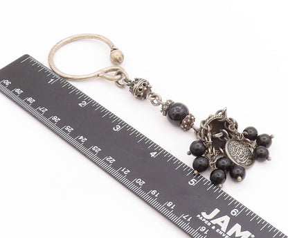 925 Sterling Silver Vintage Key Chain Ethnic Bohemian Black Beaded Design TR3975